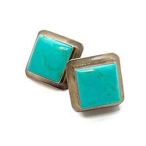 Silver Turquoise Square Post Earrings - Vintage - 7/8" Square - Mid Century